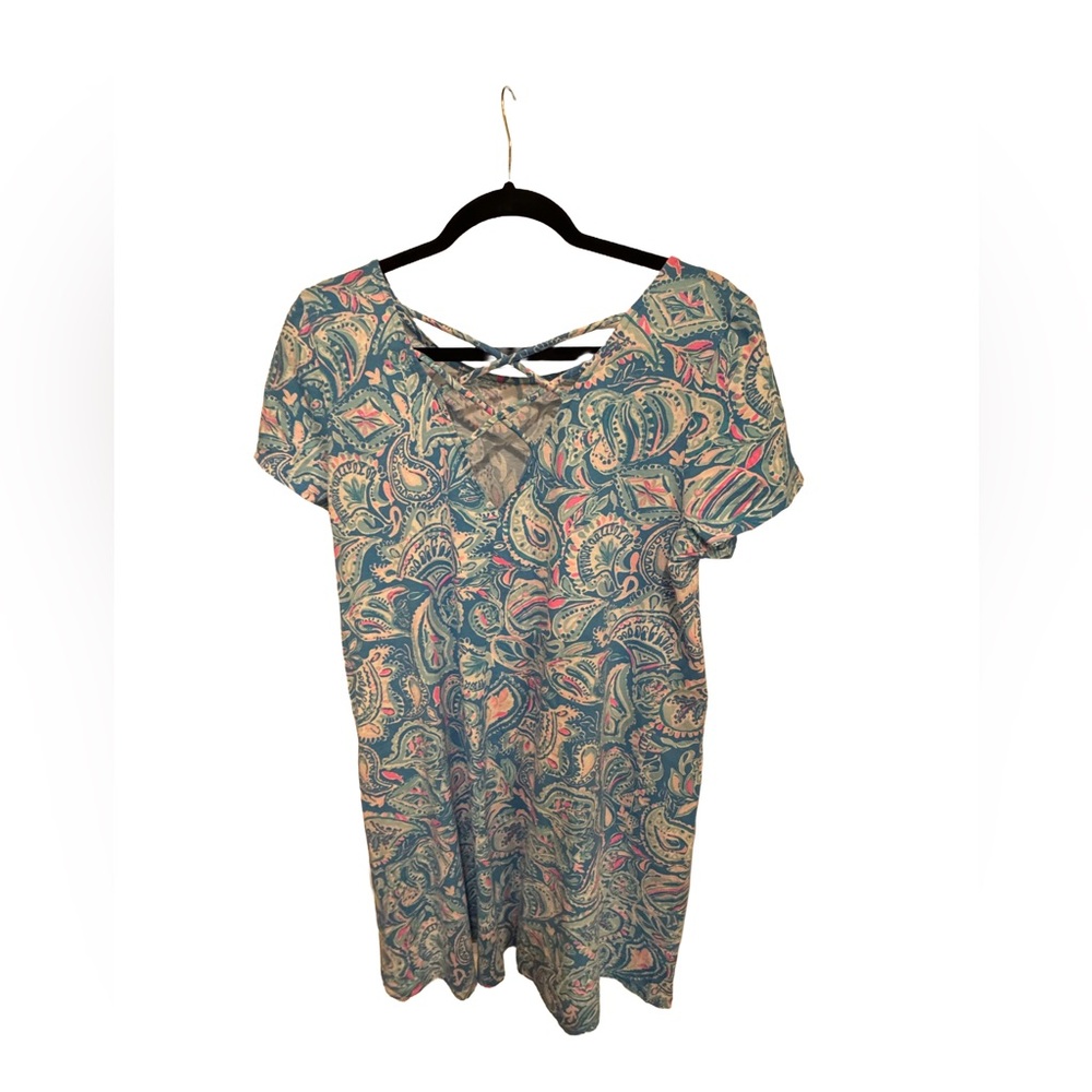 Paisley Print Blue and Pink Short Sleeve Dress